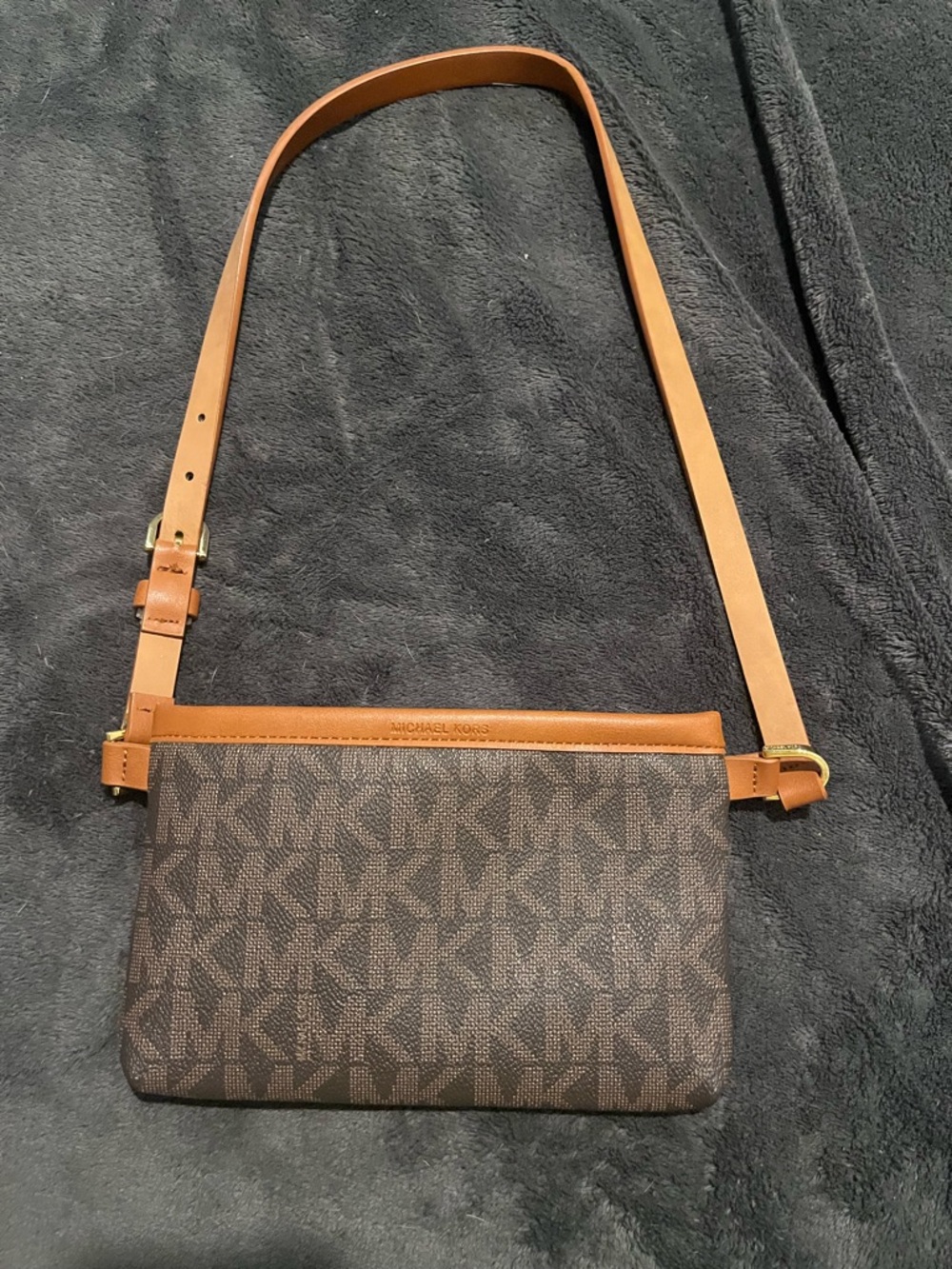 Michael Kors Brown Signature MK Crossbody/fanny pack with Tan Leather Trim